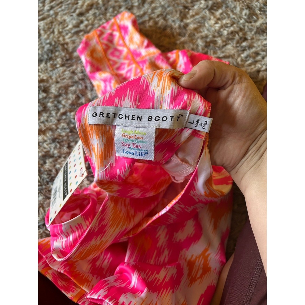 Gretchen Scott Jersey Dress Ikat Print Pink Orange White Pockets L - Picture 4 of 8